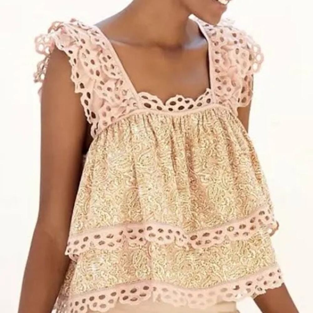 Anthropologie Pink Lace-Trim Sleeveless Tiered Blouse